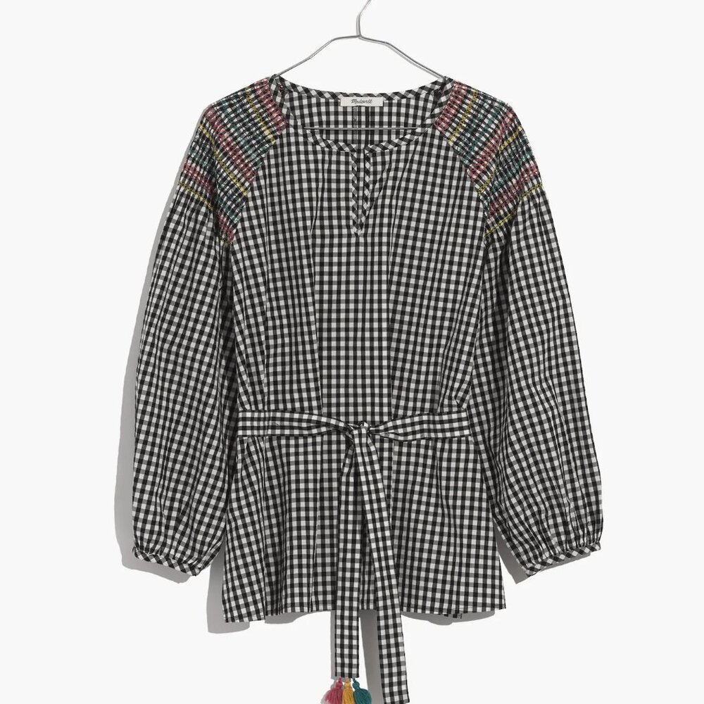 Madewell Smocked Gingham Tassel Tie Top - Picture 3 of 7